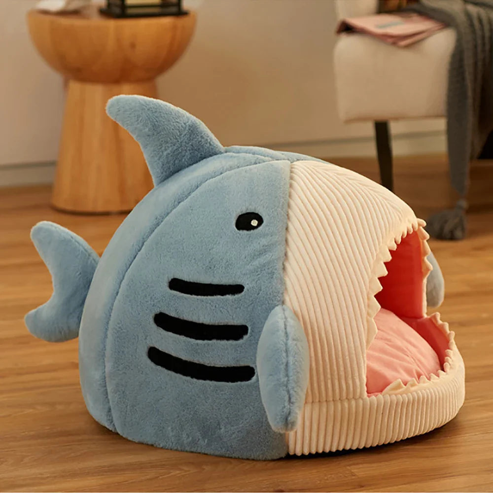 Shark Shaped Plush Cave Bed for Cats and Small Dogs