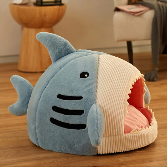 Shark Shaped Plush Cave Bed for Cats and Small Dogs