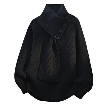 Women’s Buttoned Scarf-Neck Rib-Knit Cosy Sweater