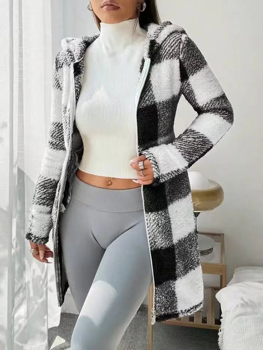 Women’s Long Check Cotton Hooded Zip Jacket