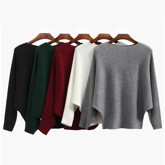 Women’s Boat Neck Batwing Rib-Knit Oversized Tunic Sweater