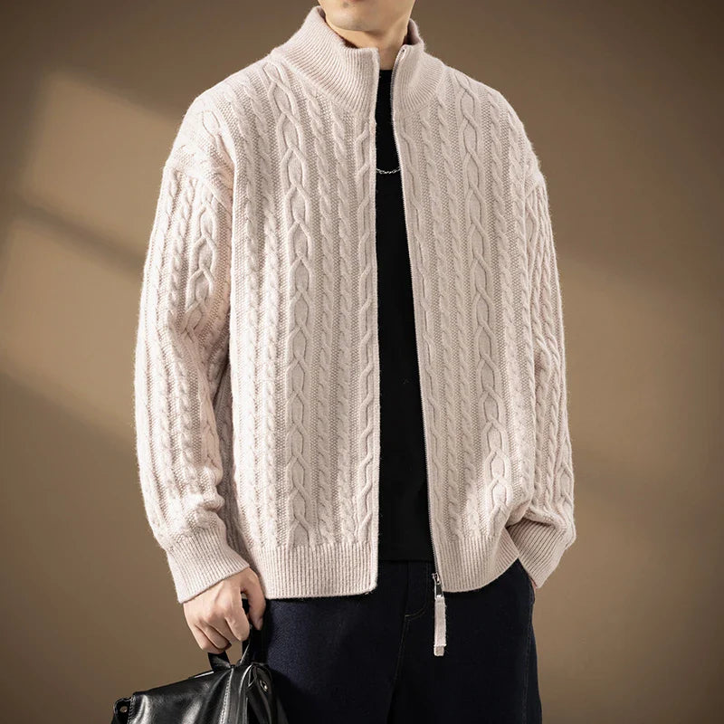 Men's Plush Cable-Knit Zip-Up Cardigan