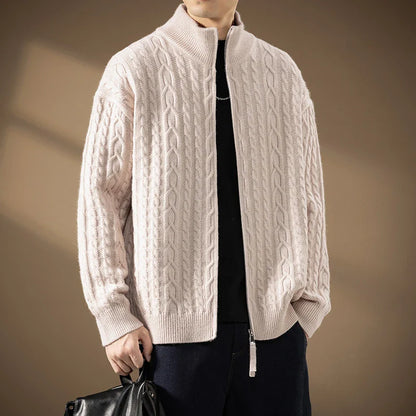 Men's Plush Cable-Knit Zip-Up Cardigan