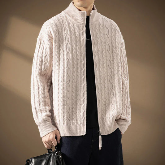 Men's Plush Cable-Knit Zip-Up Cardigan