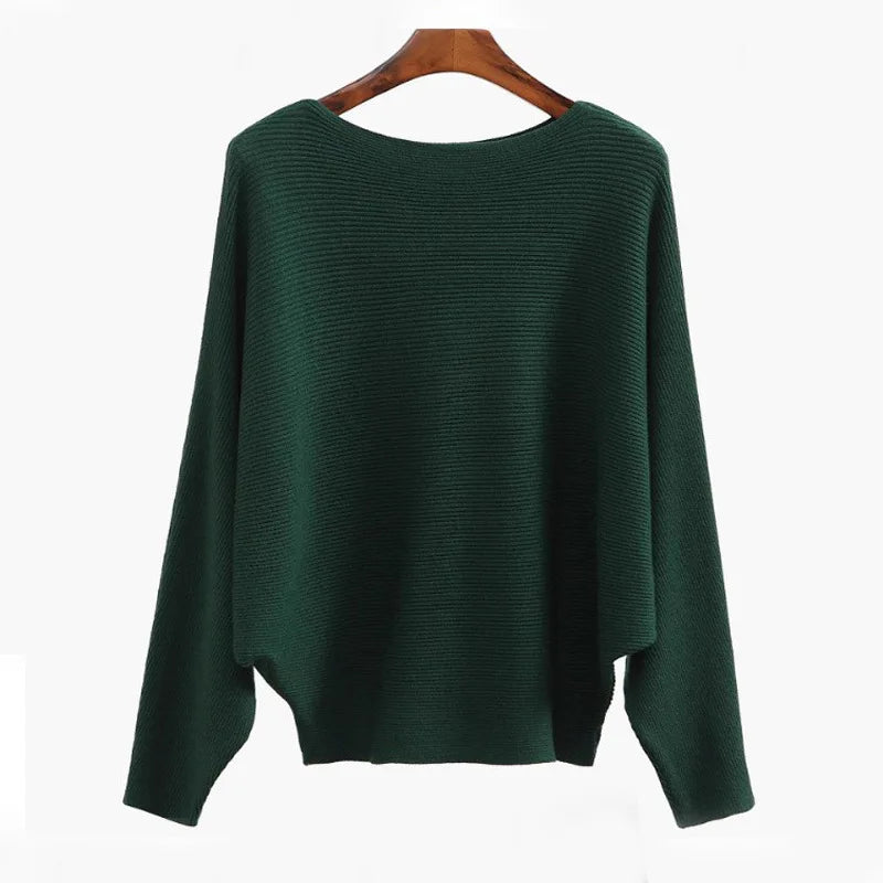 Women’s Boat Neck Batwing Rib-Knit Oversized Tunic Sweater