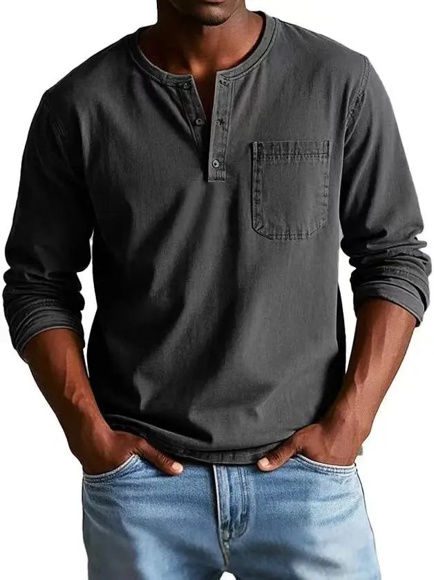 Men’s Vintage Henley Denim Shirt with Chest Pocket