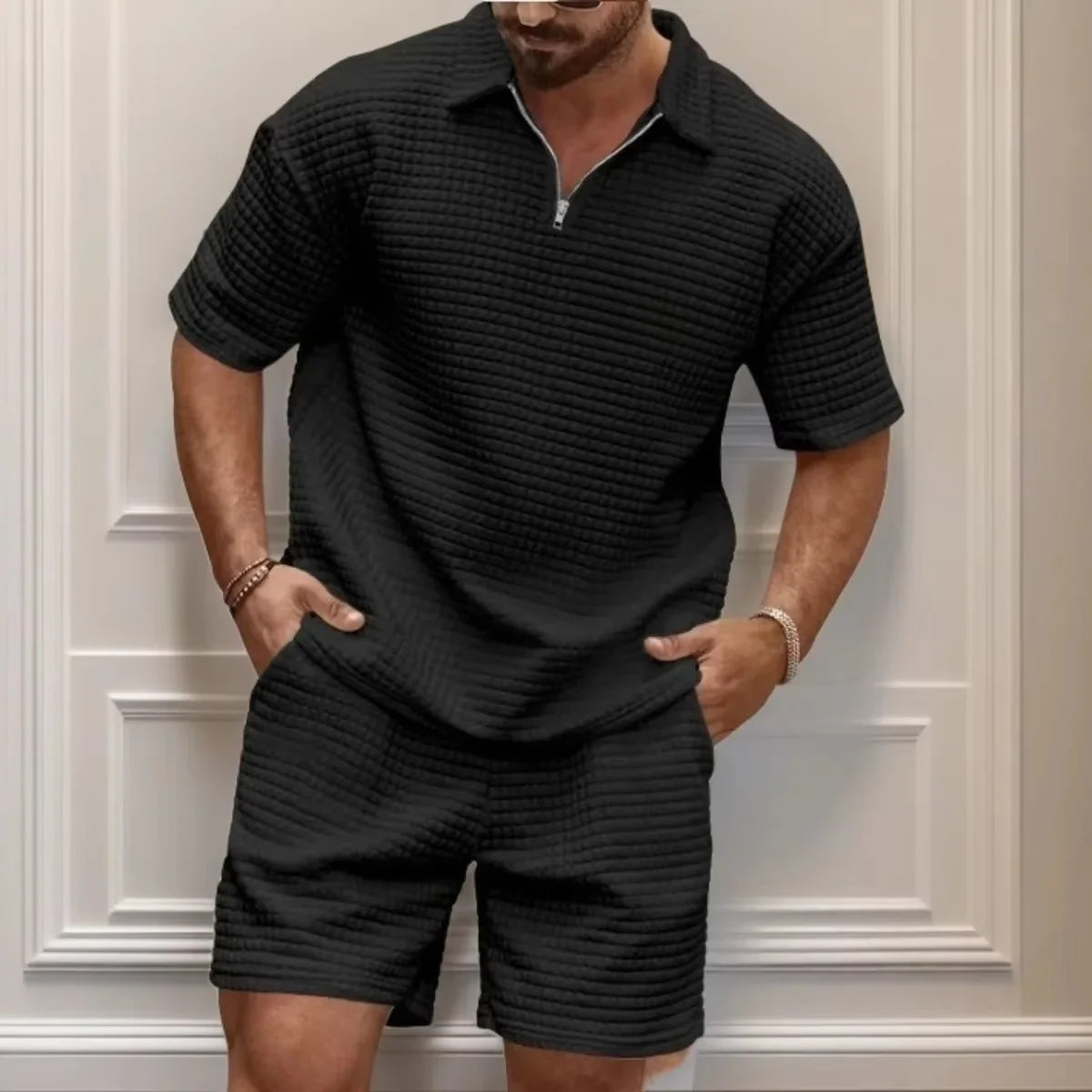 Men's Waffle Polo & Shorts Set