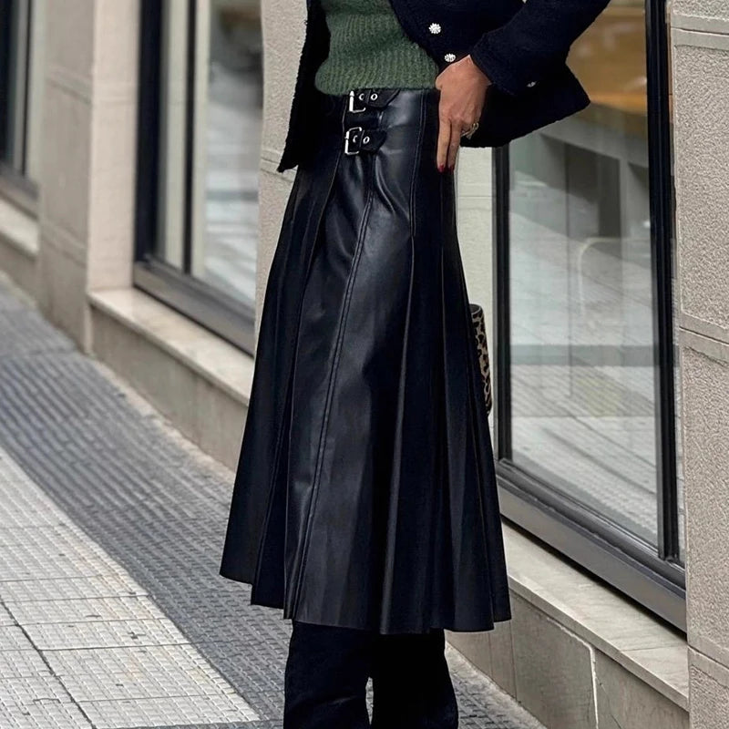 Women’s High-Waist PU Leather Side-Buckle Pleated Midi Skirt