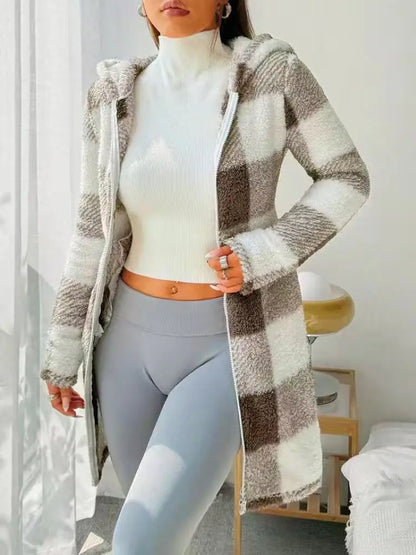 Women’s Long Check Cotton Hooded Zip Jacket