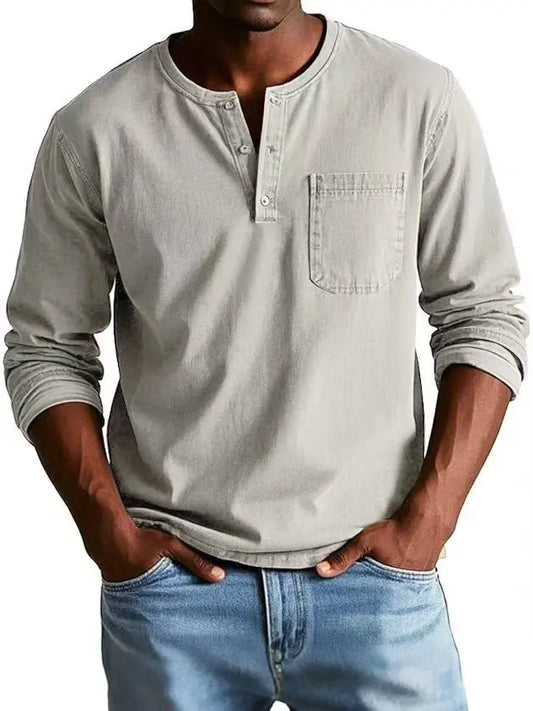 Men’s Vintage Henley Denim Shirt with Chest Pocket