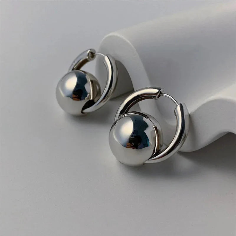 Women’s Minimalist Silver Hoop Earrings with Sphere Drop