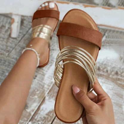Gold Accent Open-Toe Flat Sandals