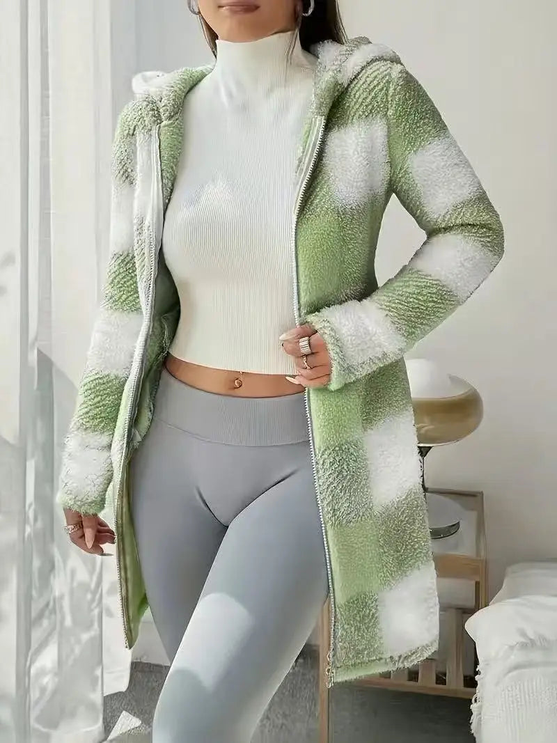 Women’s Long Check Cotton Hooded Zip Jacket