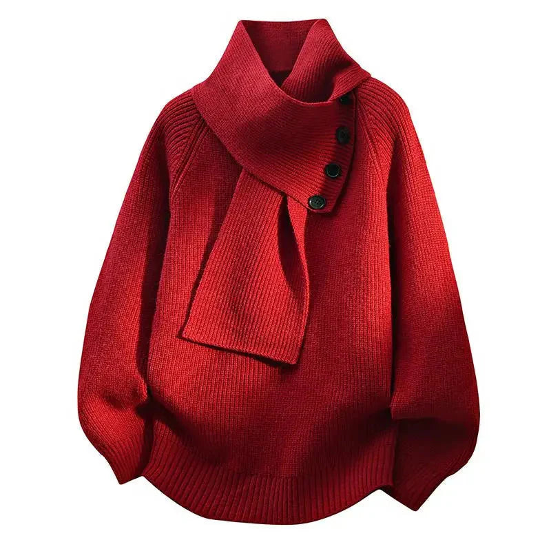Women’s Buttoned Scarf-Neck Rib-Knit Cosy Sweater