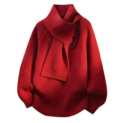 Women’s Buttoned Scarf-Neck Rib-Knit Cosy Sweater