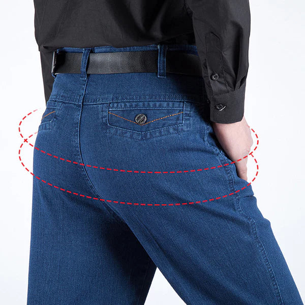 High-waisted, straight-leg stretch jeans for men