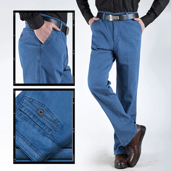 High-waisted, straight-leg stretch jeans for men