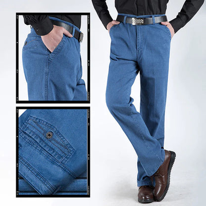High-waisted, straight-leg stretch jeans for men