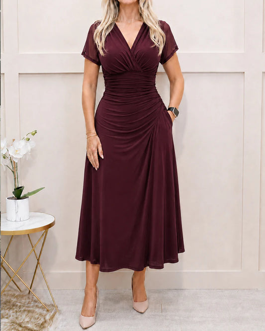 Women's Ruched V-Neck Midi Dress