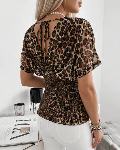 Women's Leopard Print Back Tie Empire Waist Blouse