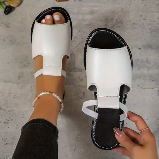 Women's Cut Out Slide Sandals, Trendy Flat Faux Leather Slides, Lightweight Slip-ons