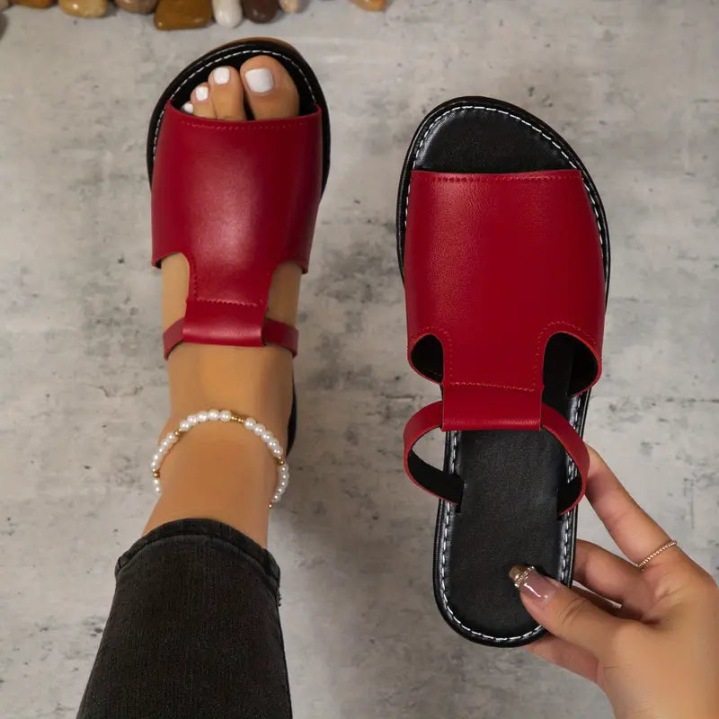Women's Cut Out Slide Sandals, Trendy Flat Faux Leather Slides, Lightweight Slip-ons