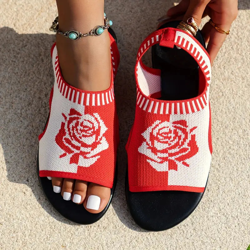 Women's Rose Pattern Flat Sandals, Casual Open Toe Summer Slips