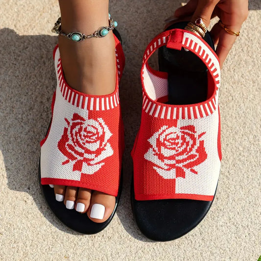 Women's Rose Pattern Flat Sandals, Casual Open Toe Summer Slips
