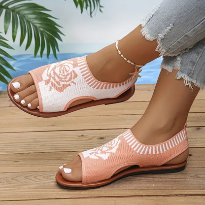 Women's Rose Pattern Flat Sandals, Casual Open Toe Summer Slips