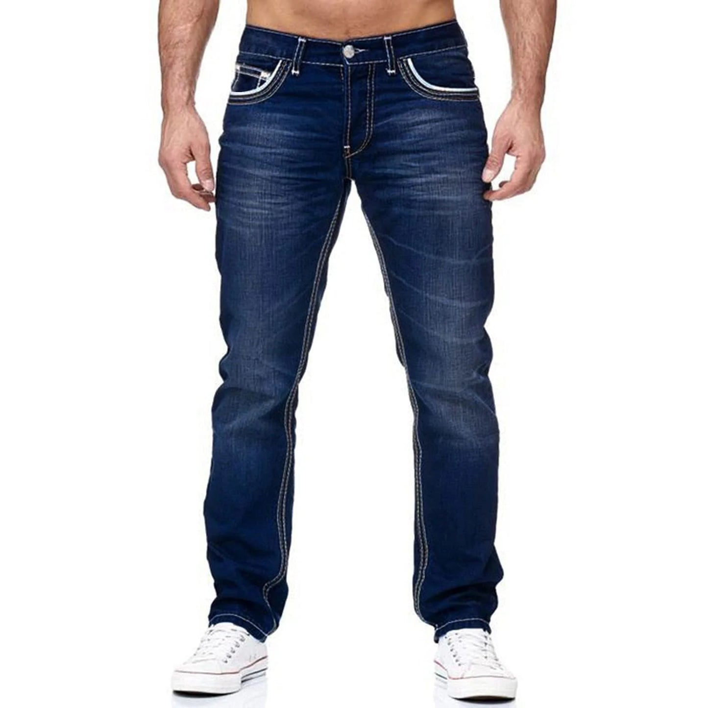 Men’s Stretch Contrast-Stitch Straight-Leg Jeans