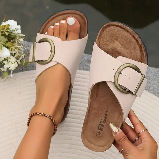 Stylish Buckle Cork Slides