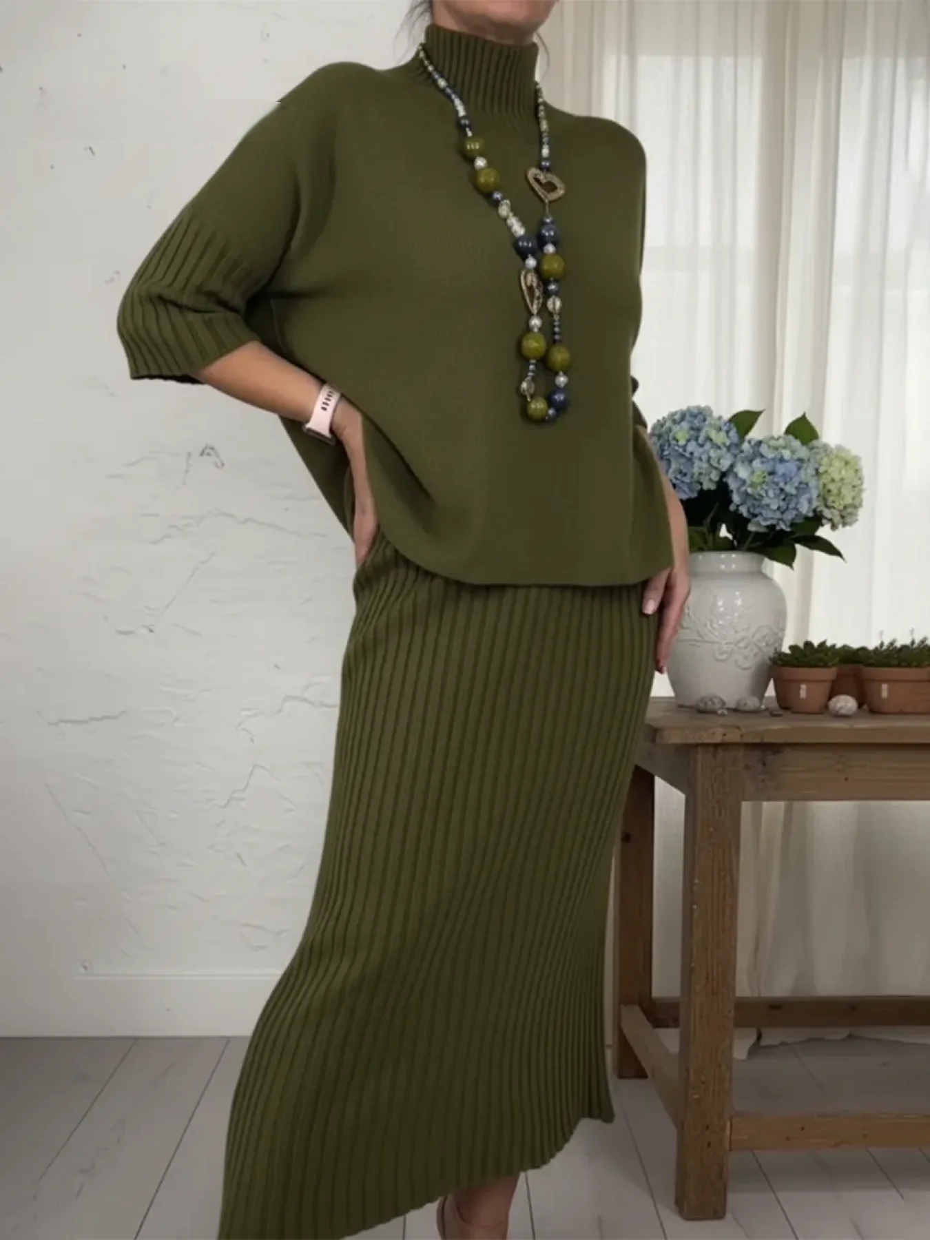Women’s Elegant Knit Turtleneck Sweater & Skirt Set