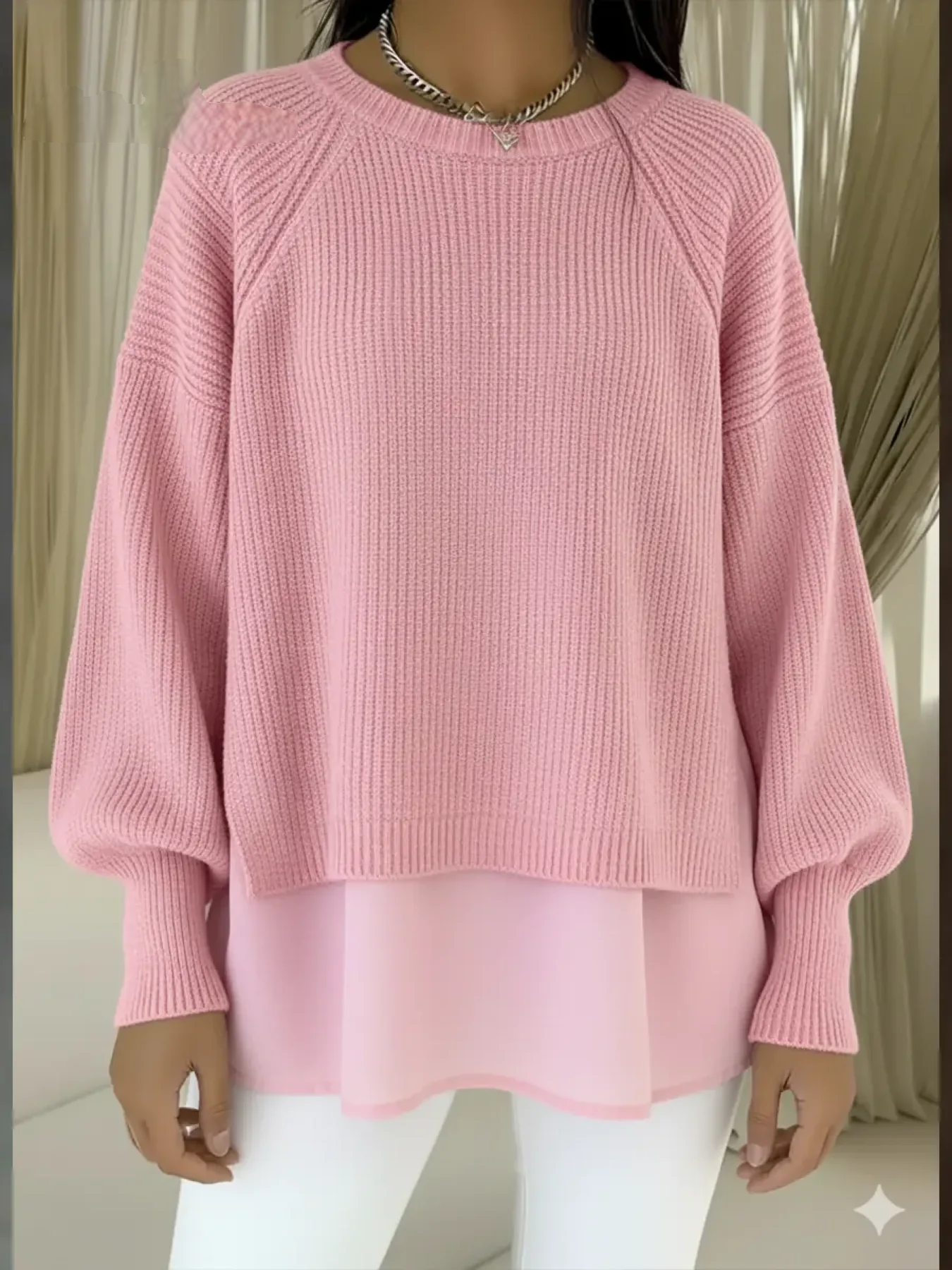 Women’s Patchwork Lantern-Sleeve Layered Knit Sweater