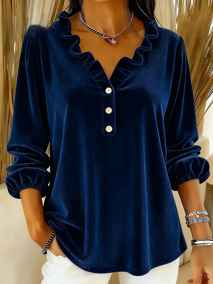 Women’s Ruffle-Collar Corduroy Trim Cotton Shirt