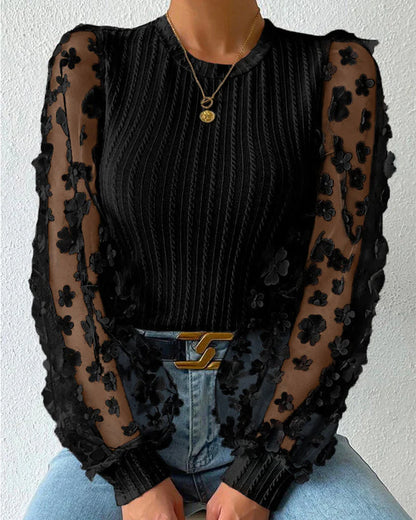 Women’s Ribbed Knit Mesh Sleeve 3D Floral Blouse