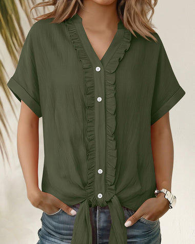 Women’s Ruffle Trim Short Sleeve Tie Front Blouse