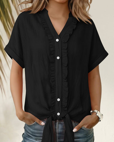 Women’s Ruffle Trim Short Sleeve Tie Front Blouse