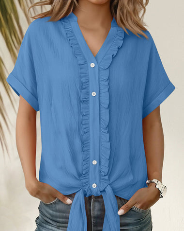 Women’s Ruffle Trim Short Sleeve Tie Front Blouse