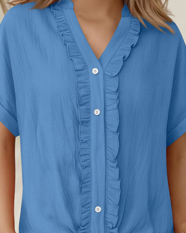 Women’s Ruffle Trim Short Sleeve Tie Front Blouse