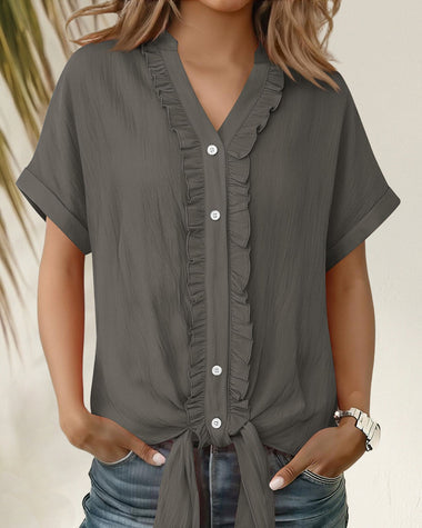Women’s Ruffle Trim Short Sleeve Tie Front Blouse