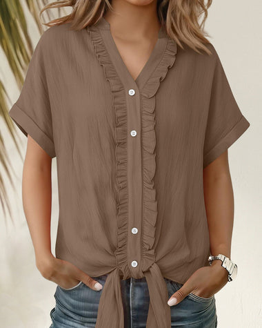 Women’s Ruffle Trim Short Sleeve Tie Front Blouse