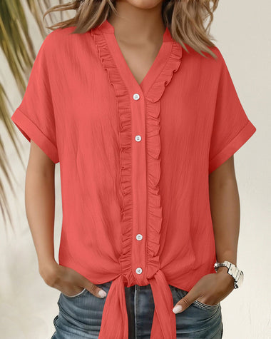 Women’s Ruffle Trim Short Sleeve Tie Front Blouse