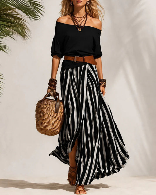 Women's Off-Shoulder Top and Striped Maxi Skirt Set