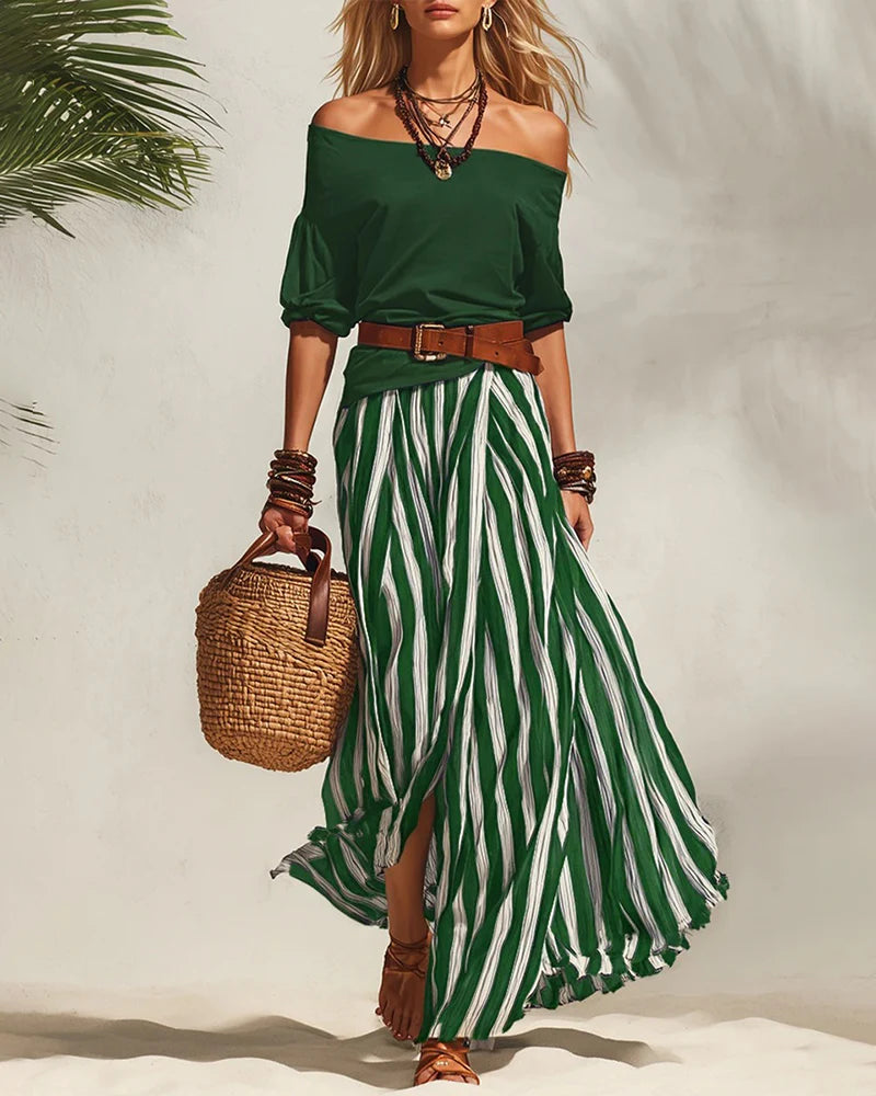 Women's Off-Shoulder Top and Striped Maxi Skirt Set