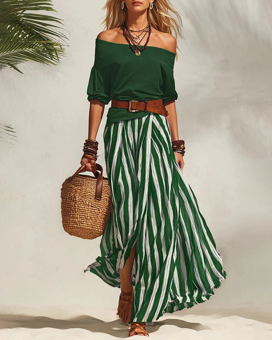 Women's Off-Shoulder Top and Striped Maxi Skirt Set