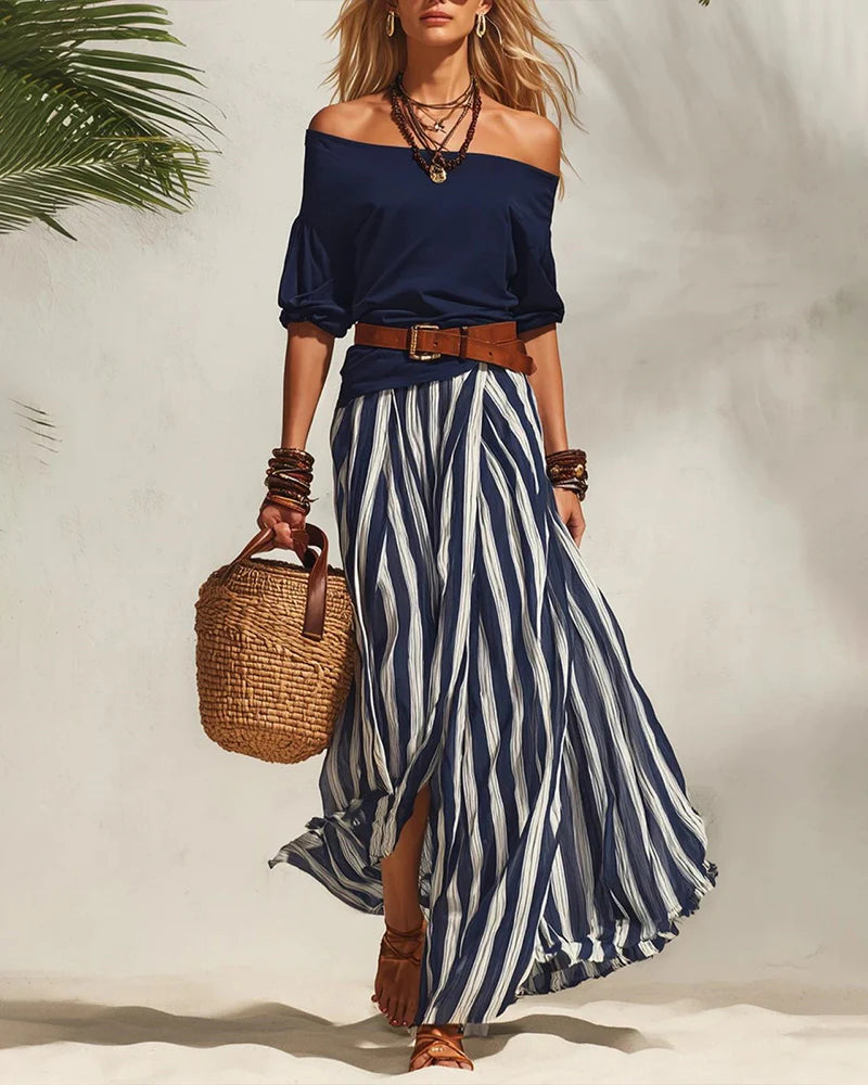 Women's Off-Shoulder Top and Striped Maxi Skirt Set