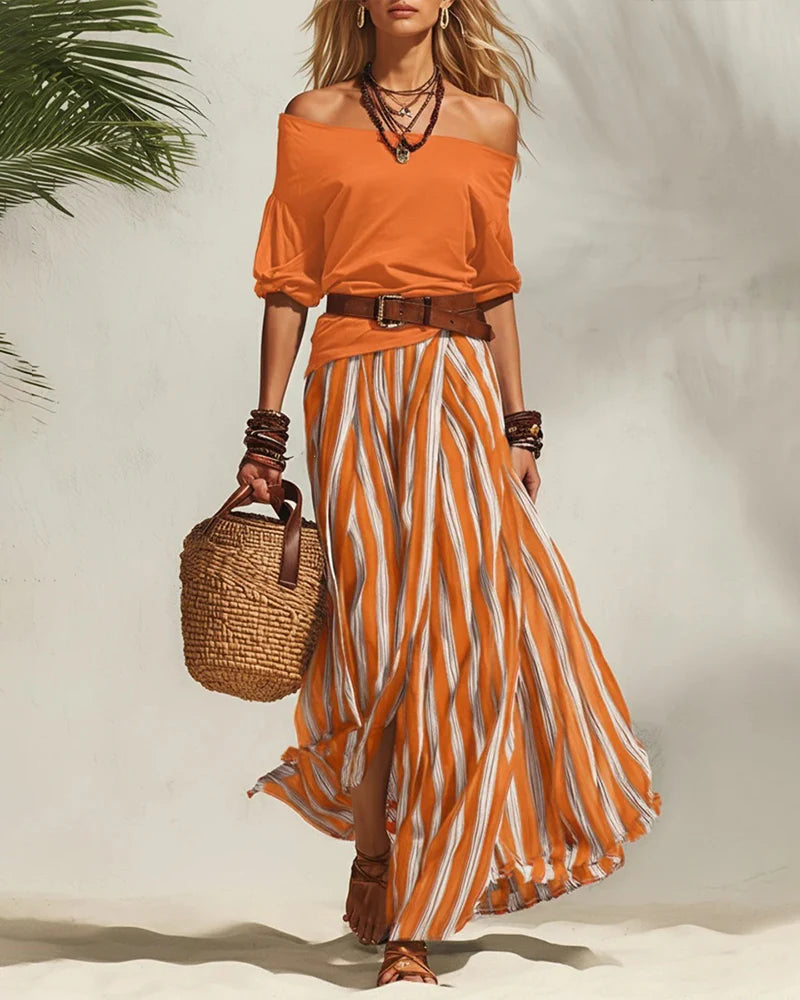 Women's Off-Shoulder Top and Striped Maxi Skirt Set