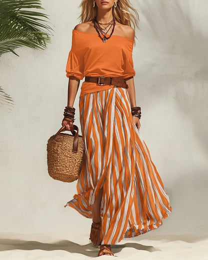 Women's Off-Shoulder Top and Striped Maxi Skirt Set