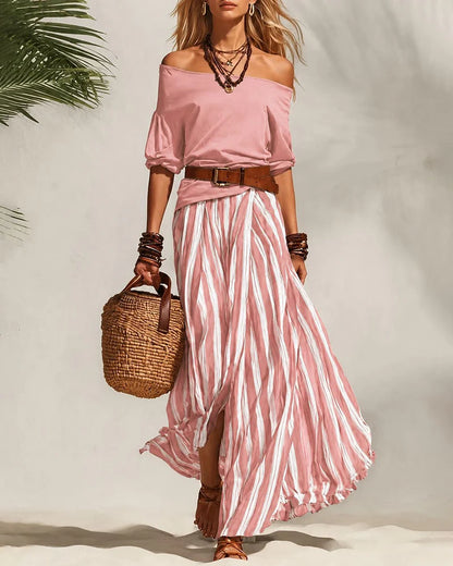 Women's Off-Shoulder Top and Striped Maxi Skirt Set