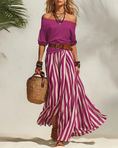Women's Off-Shoulder Top and Striped Maxi Skirt Set